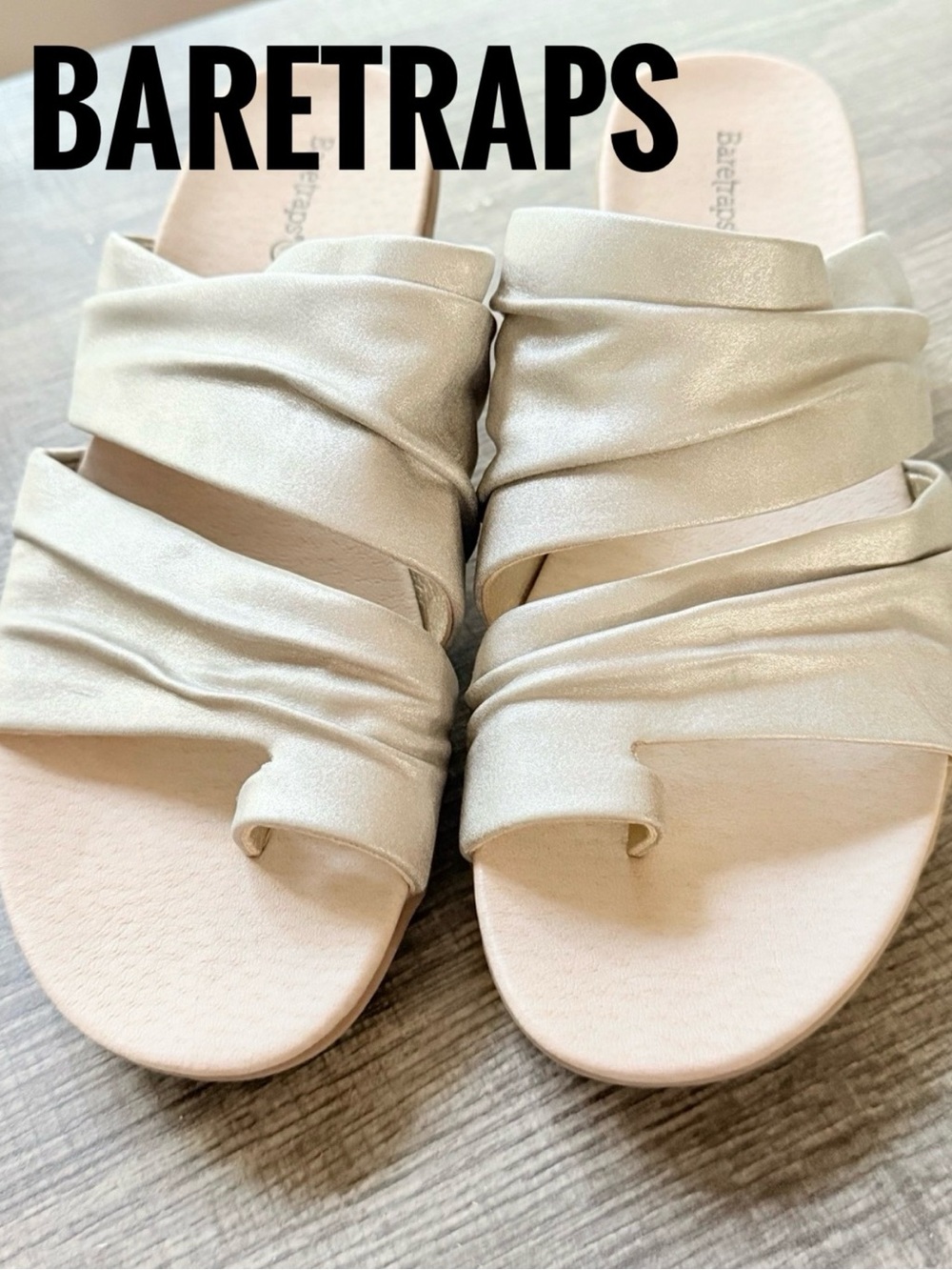 Baretraps Venus Metallic Ruched Toe Loop Slide Wedge Sandals